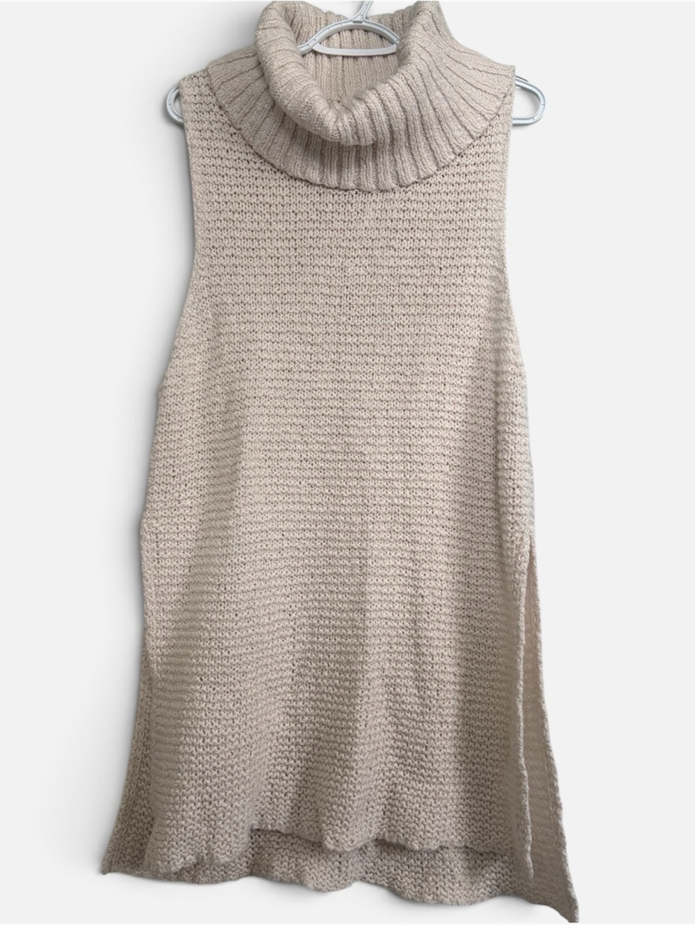 Free People Oversized Sleeveless Turtleneck Tunic Sweater Cream Knit Split Hem L